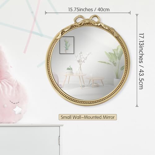 15.75" Small Gold Bow Decorative Round Mirror | Metal Frame, Wall Mounted, For Entryway, Bathroom, Living Room, Mini Size