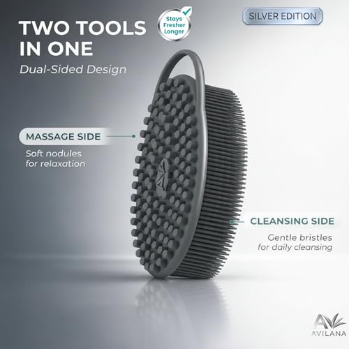 Avilana Silver Edition Body Scrubber - Silver-Ion Infused Silicone Shower Brush, ISO Tested Dual Sided, Stays Fresher Longer, SGS Certified Gentle Exfoliating Loofah Alternative Sensitive Skin Women - color: Marbled-silver, size: Massage