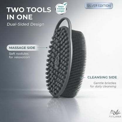 Avilana Silver Edition Body Scrubber - Silver-Ion Infused Silicone Shower Brush, ISO Tested Dual Sided, Stays Fresher Longer, SGS Certified Gentle Exfoliating Loofah Alternative Sensitive Skin Women - color: Marbled-silver, size: Massage