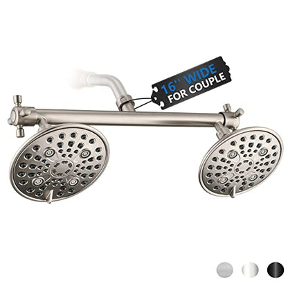 Proox Double Shower Head with Built-in Valve, High Pressure 6 Setting Dual Shower Head Design for Couple on Walk-in Bathroom or Single on Bathtub Bathroom - Brushed Nickel - color: Brushed Nickel