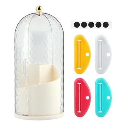 Rotating Toothbrush Holders with Sliding Lid & 4 Pcs Toothpaste Squeezers, Multifunctional 3 Slots Bathroom Organizer Countertop for Tooth Brush, Toothpaste, and Makeup Brushes