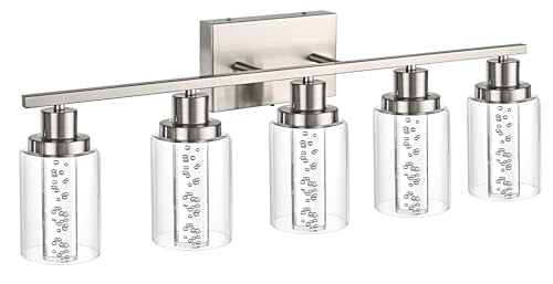 MELUCEE 5-Light Modern LED Vanity Lights for Bathroom Brushed Nickel | 5CCT Dimmable Bathroom Vanity Light Fixtures with Crystal Bubble Clear Glass Shade,3000K-6000K, Built-In LED Chips - color: Brushed Nickel, size: LED-5 Lights