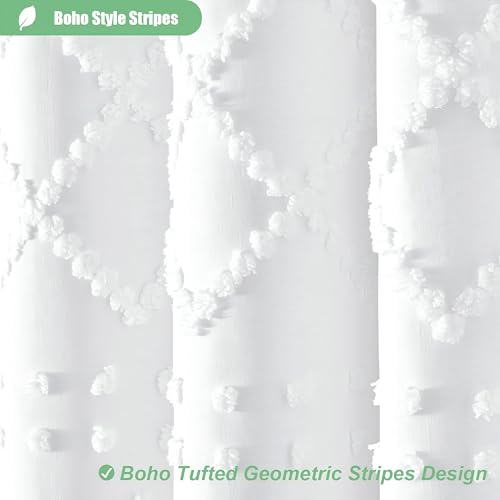 White Boho Shower Curtain and Liner Set, Farmhouse Fabric Shower Curtain and Waterproof Clear Liner, Tufted Geometric Striped Textured Tassel Shower Curtains for Bathroom with 12 Hooks, 72x72 - color: White, size: 72"W x 72"L (Pack of 1)