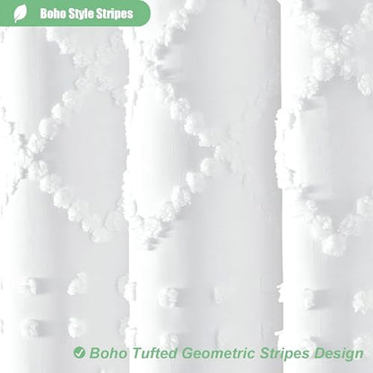White Boho Shower Curtain and Liner Set, Farmhouse Fabric Shower Curtain and Waterproof Clear Liner, Tufted Geometric Striped Textured Tassel Shower Curtains for Bathroom with 12 Hooks, 72x72 - color: White, size: 72"W x 72"L (Pack of 1)