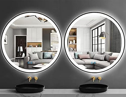 40 inch Round LED Bathroom Mirror, Black Frame, Wall Mount, Fogless, Adjustable, 3 Color Lights Smart Mirror with Anti-Fog - color: 40 Inch Black Frame