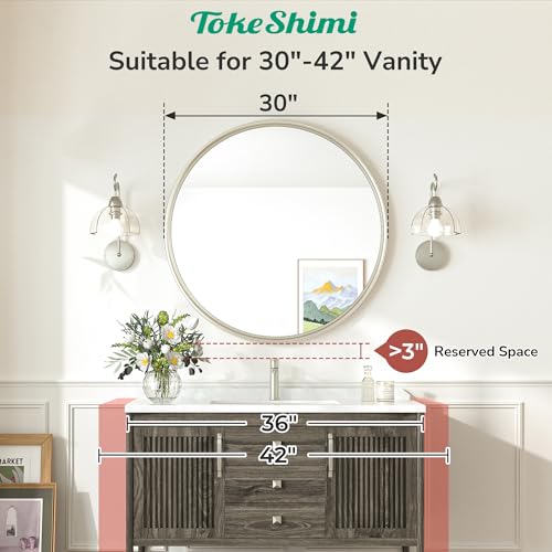 30 Inch Brushed Nickel Mirror Round Tempered, Shatterproof Bathroom Vanity Mirror Circle, Metal Farmhouse Wall Mounted Mirror for Vanity, Entryway, Bedroom, Restroom, Living Room - size: 30"L x 30"W