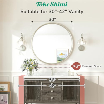 30 Inch Brushed Nickel Mirror Round Tempered, Shatterproof Bathroom Vanity Mirror Circle, Metal Farmhouse Wall Mounted Mirror for Vanity, Entryway, Bedroom, Restroom, Living Room - size: 30"L x 30"W
