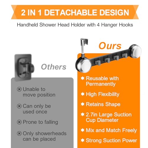 Shower Head Holder Suction Cup with 4 Hanger Hook Wall Mount - No-Drill Strong Adhesive Shower Wand Bracket - Adjustable Handheld Shower Head Mount - 2 in 1 Design - color: Silver