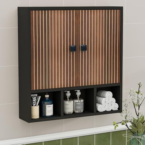 Bathroom Wall Cabinet,Wooden Medicine Cabinet with Fluted Doors Over The Toilet Storage Cabinet with Adjustable Shelf for Bathroom (Black) - color: Black-wood Block