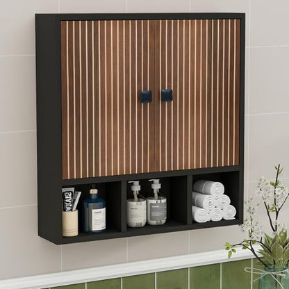 Bathroom Wall Cabinet,Wooden Medicine Cabinet with Fluted Doors Over The Toilet Storage Cabinet with Adjustable Shelf for Bathroom (Black) - color: Black-wood Block
