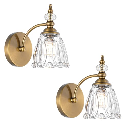 Brushed Antigue Brass Wall Sconces Set of Two, Hardwired Bathroom Vanity Light Fixtures, Vintage Sconces Wall Deco Set of 2, Glass Wall Lights for Bathroom, Bedroom,Hallway (Excludes G9 Bulb) - color: Brass, size: 1 light x 2