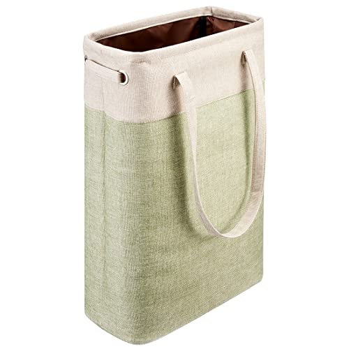 Laundry Basket with Handles Beige&Green Slim Laundry Bin Collapsible Dirty Clothes Basket Narrow Laundry Bag Foldable Dirty Hamper for Camping, Dorms, Apartments - color: Beig&Green