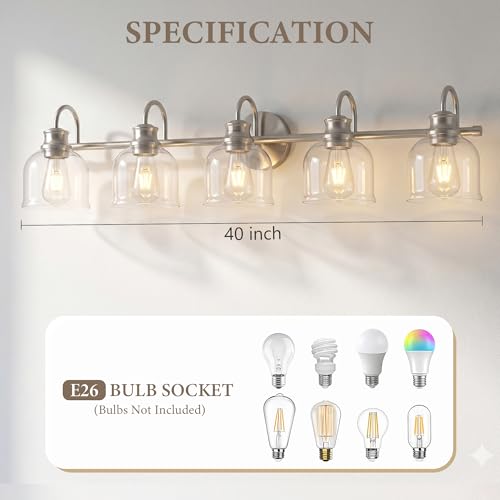 URSOLA 5 Lights 40" Bathroom Vanity Light Fixtures, Brushed Nickel Traditional Classic Vanity Light with Clear Glass, Bathroom Lighting Fixtures Over Mirror - color: Brushed Nickel, size: 5 Lights