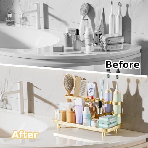 YOOLENS Electric Toothbrush Holder for Bathroom Countertop 5 Metal Slots Toothpaste Razor Mouthwash Organizer, Gold - color: Gold