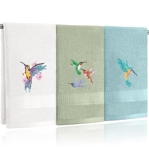 Tingjoo 3 Pcs Hummingbird Hand Towels Fancy Farmhouse Garden Hummingbird Bath Towels 14x29 Inch Soft Washable Embroidered Bird Cotton Decorative Summer Decor for Bathroom Kitchen - color: Green Gray, style: Hummingbird