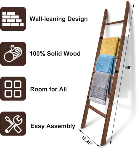Blanket Ladder for Living Room and Bedroom,6-Tier Decorative Display Ladder Shelf,Ladder Rack for Storage and Decor,Wall Leaning Farmhouse Blanket Storage,Towel Rack, Bathroom,Brown