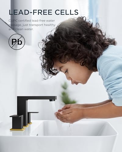 FORIOUS Widespread Black and Gold Bathroom Faucet Square, 8 in Black Faucet | CUPC 8 Inch Gold and Black Bathroom Faucet 3 Hole, Two Handle Matte Black Faucet for Bathroom Sink 3 Hole with Drain, Aerator - color: Black&Gold, style: Modern
