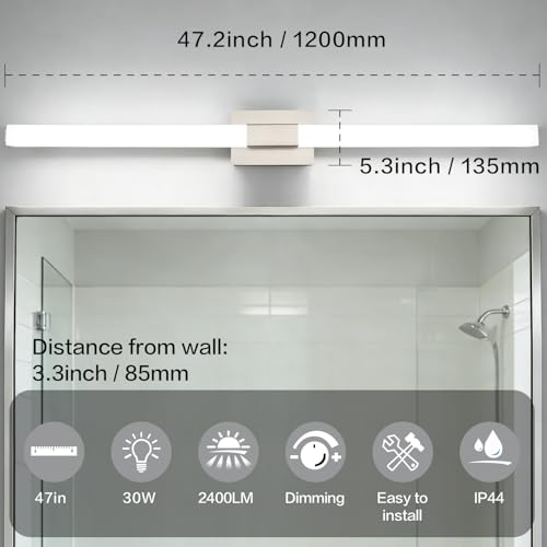 Brushed Nickel Dimmable Vanity Light - Extra Long Modern Bathroom Light Fixtures Over Mirror 28W Brightness IP44 Waterproof - color: Upgraded - Brushed Nickel - Dimmable, size: 48 inch
