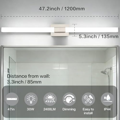 Brushed Nickel Dimmable Vanity Light - Extra Long Modern Bathroom Light Fixtures Over Mirror 28W Brightness IP44 Waterproof - color: Upgraded - Brushed Nickel - Dimmable, size: 48 inch