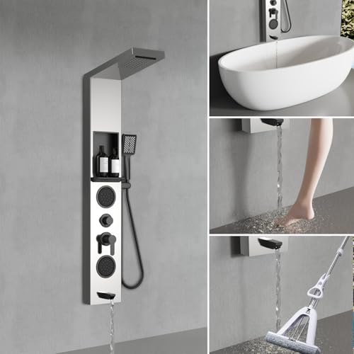 ELLO&ALLO Shower Panel System Tower with Shelf, Rainfall and Waterfall Head Rain Massage Stainless Steel Bathroom Fixtures with Adjustable Body Jets, Brushed&Black - color: Brushed&Black