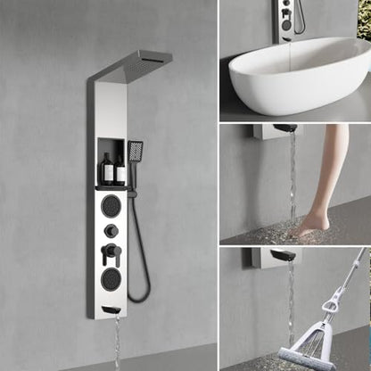 ELLO&ALLO Shower Panel System Tower with Shelf, Rainfall and Waterfall Head Rain Massage Stainless Steel Bathroom Fixtures with Adjustable Body Jets, Brushed&Black - color: Brushed&Black