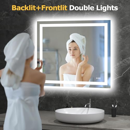 Hivone 40"X36" LED Bathroom Mirror with Lights, Anti-Fog, Dimmable, Backlit + Front Lit, Smart Bathroom Vanity Mirror, Memory Function, Shatterproof, Tempered Glass (Horizontal/Vertical) - size: 40"L x 36"W