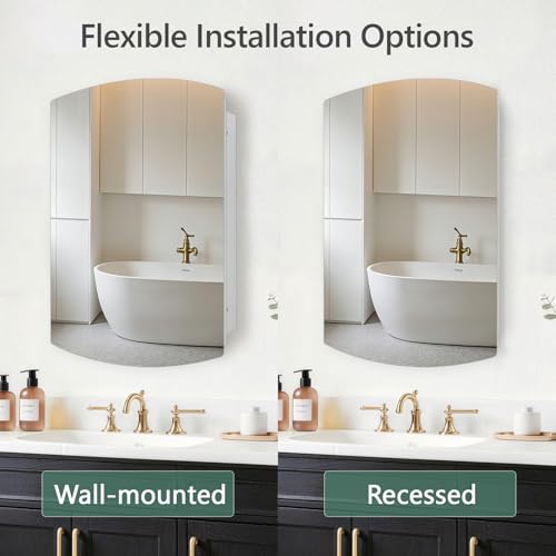 16x26 Inch Medicine Cabinet with Mirror, Arched Metal Frameless Wall Cabinet with Mirror, Surface Mount or Recessed Medicine Cabinet for Bathroom,Bathroom Mirror with Storage - size: CM1015-1626