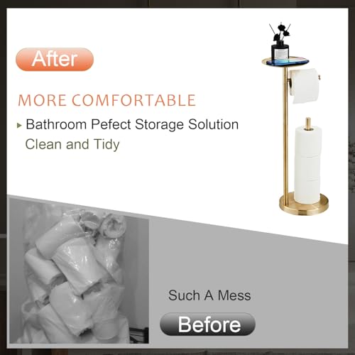 Toilet Paper Holder Stand Gold: Free Standing Tissue Roll Holder with Phone Shelf - Toilet Roll Dispenser Storages for 4 Rolls, Durable Stainless Steel for Bathroom