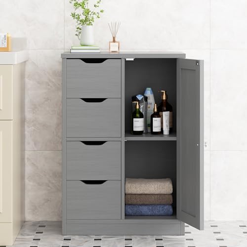Walsunny Bathroom Floor Storage Cabinet, Wooden Storage Organizer with 4 Drawers and 1 Cupboard, Freestanding Entryway Storage Unit Console Table, Gray - color: Grey, style: 4 drawers