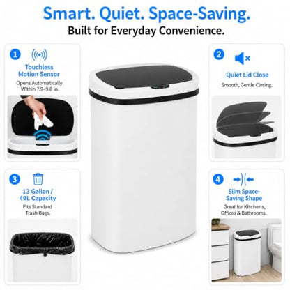 13 Gallon Kitchen Trash Can with Lid,Automatic Touchless Garbage Can for Kitchen,PP Plastic Motion Sensor Trash Can,Tall Large-Capacity Trash Bin,Hands-Free Smart Waste Bin for Home - color: White