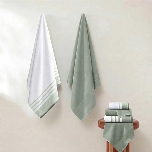 Modern Threads 6-Piece Towel Set – 100% Cotton, Quick Dry, Ultra Absorbent – Includes 2 Bath, 2 Hand, 2 Washcloths (White/Reinhart Sage) - color: Green, style: Classic Stripe