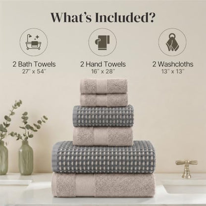 Modern Threads 6 Piece Cotton Bath Towel Set – Ultra Soft 600 GSM Towels – Bathroom Set with Hand Towels and Washcloths – Waffle (Charcoal) - color: Charcoal, style: Waffle