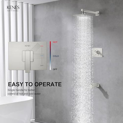 KENES Brushed Nickel Shower Set with Tub Faucet, Tub and Shower Trim Kit | Shower Faucet with 10-Inch Rain Shower Head, Square Shower System, Valve Included, Lead-Free cUPC & NSF Certified, Stainless - color: Brushed Nickel, style: Tub Shower Faucet Set
