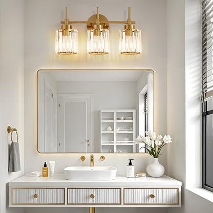 EJIAXIN Bathroom Lighting Fixtures, 3 Light Gold Bathroom Light Fixtures with Clear Shades Modern Crystal Vanity Light Bath Room Vanity Lighting Over Mirror Wall Light - color: Gold 3 Light, size: 3 Light