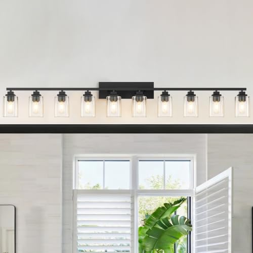 Matte Black Bathroom Vanity Light, 10-Light Modern Vanity Lighting Fixtures Over Mirror with Clear Glass Shade,Square Design,Wall Sconces for Living Room Cabinet Bedroom,E26 Socket - size: 10-Light