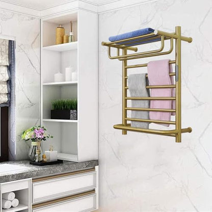 Gold Wall Mounted Heated Towel Rack, Gold Towel Warmer Rack for Bathroom, Timer & Temperature Control Electric Towel Drying Rack with Top Shelf (14 Bars with Top Shelf Brushed Gold A, Hardwired) - color: 14 Bars With Top Shelf Brushed Gold a, size: Hardwi