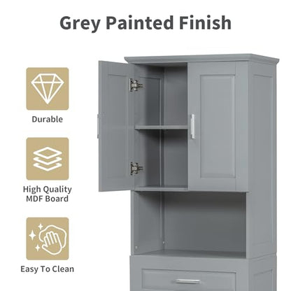 JIVOIT 70" H Tall Bathroom Cabinet with Laundry Basket, Double Cabinets with Doors and Open Storage Space, Tilt-Out Laundry Hamper and Upper Storage Cabinet (Grey * 102) - color: Grey * 102