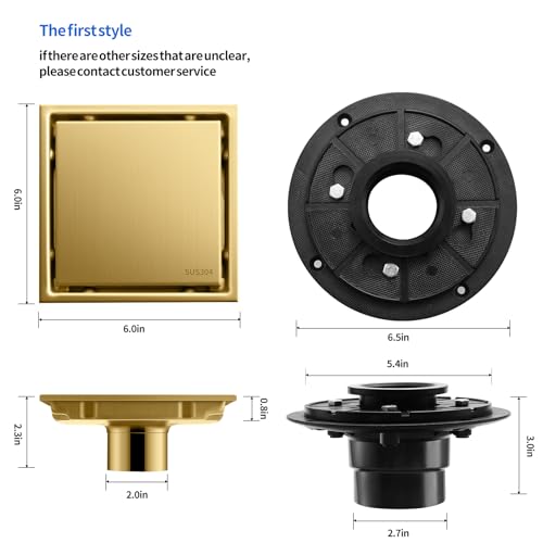 Hidden Brushed Square Shower Floor Drain, Gold 6 inch, 304 Stainless Steel, with Flange, Detachable Cover Embedded in Ceramic Tiles - color: Hidden Gold, size: 6 inch