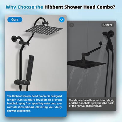 Hibbent 12'' Rainfall Shower Head with 4-mode Handheld Spray, Matte Black | cUPC Certified High Pressure Showerhead Combo, 12'' Adjustable Extension Arm, Extension Bar, Easy Reach Holder, 71'' Hose - color: Matte Black, style: Square 12''