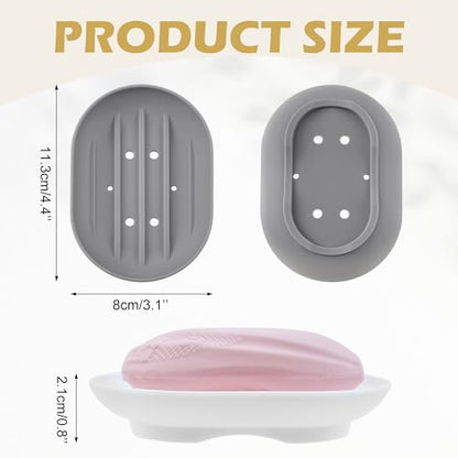 BlingKingdom 2 PCS Silicone Soap Dishes, Soap Tray with Drain | Non-Slip, Portable Self Draining Soap Holder for Shower, Bathroom, Kitchen Sink (White and Grey)