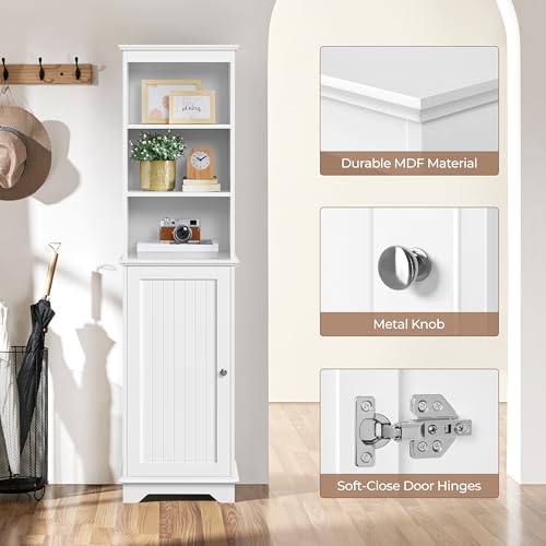 Yaheetech Tall Narrow Bathroom Storage Cabinet with Door and Shelves, White | Linen Closet for Towels, Toiletries and Laundry, Open Display Shelves, Hidden Adjustable Shelf, MDF, 60''H x 16''W x 12''D - style: 1 Door + 3 Open Compartments