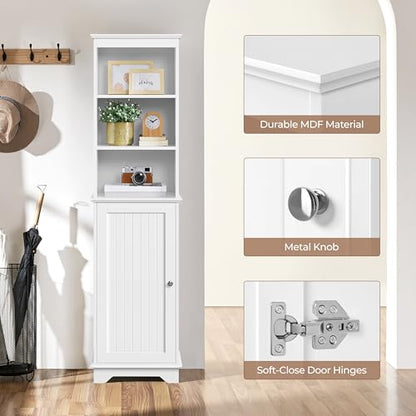 Yaheetech Tall Narrow Bathroom Storage Cabinet with Door and Shelves, White | Linen Closet for Towels, Toiletries and Laundry, Open Display Shelves, Hidden Adjustable Shelf, MDF, 60''H x 16''W x 12''D - style: 1 Door + 3 Open Compartments