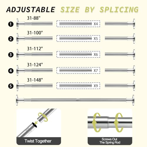 Silver Heavy Duty Tension Shower Curtain Rod 30-100 in Adjustable Spring Long Curtain Rods 1" Dia Stainless Steel Rustproof No Drill For Bathroom Window Non Slip - color: Silver, size: 31-100"
