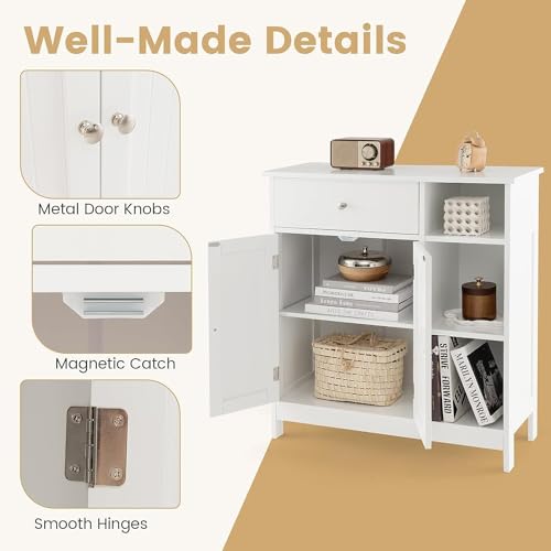 GOFLAME Bathroom Cabinet, 29.5" x 12" x 31.5" Floor Storage Cabinet with 1 Drawer, 3 Open Compartments, Adjustable Shelves, White