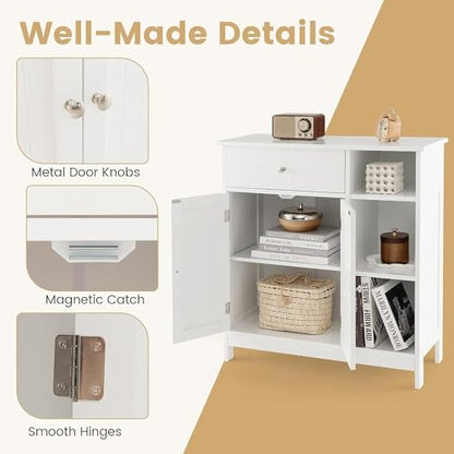 GOFLAME Bathroom Cabinet, 29.5" x 12" x 31.5" Floor Storage Cabinet with 1 Drawer, 3 Open Compartments, Adjustable Shelves, White