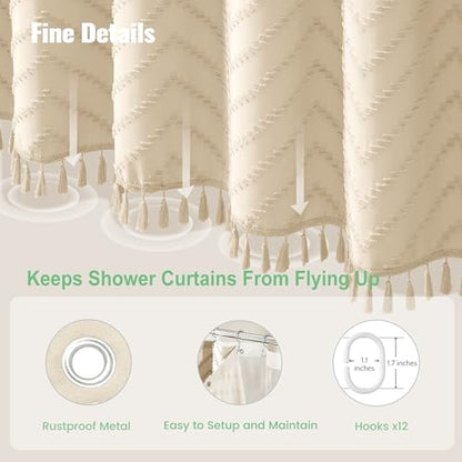 Boho Shower Curtain and Liner Set, Tufted Chevron Textured Tassel Shower Curtains for Bathroom and Waterproof Liner with Hook, 72" W x 78" L (Pack of 1), Beige 1 - color: Beige, size: 72"W x 78"L (Pack of 1)