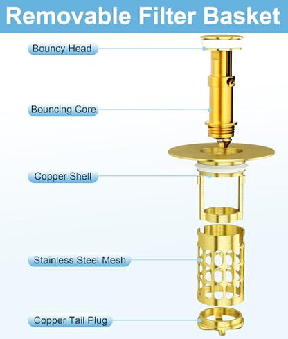 QYHNYJF Upgraded Bathroom Sink Stopper with Hair Catcher - Universal Pop-Up Drain Plug, Stainless Steel & Silicone Seal for 1.1-1.5 Inch Drains, Gold Matte Brushed Finish (Gold Matte Brushed) - color: Gold Matte Brushed