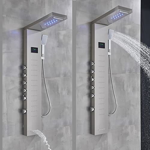 LED Light Shower Panel Tower Rainfall Waterfall Shower Head with Massager Jets Body System Jet Black B (Color : Brushed Nickel C) - color: Brushed Nickel C