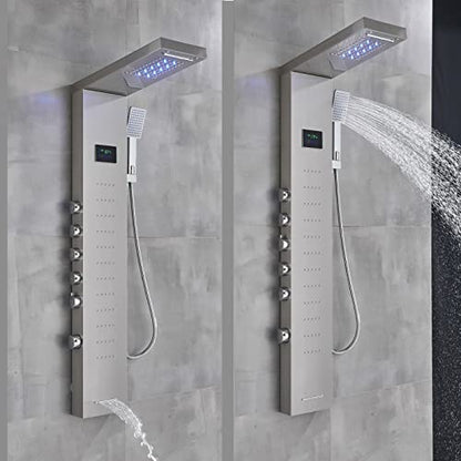 LED Light Shower Panel Tower Rainfall Waterfall Shower Head with Massager Jets Body System Jet Black B (Color : Brushed Nickel C) - color: Brushed Nickel C