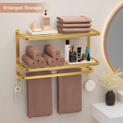 23 Inch 3-Tier Gold Towel Racks for Bathroom with Towel Bars Multilayer Hotel Towel Shelf Stainless Steel Wall-Mounted Brushed Finish Holder with Towel Shelves - color: Gold 3t